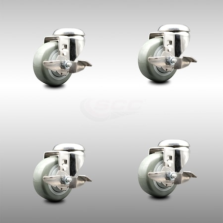 Service Caster 3.5 Inch 316SS Gray Polyurethane Wheel Swivel Bolt Hole Caster Set with Brake SCC-SS316BH20S3514-PPUB-TLB-4